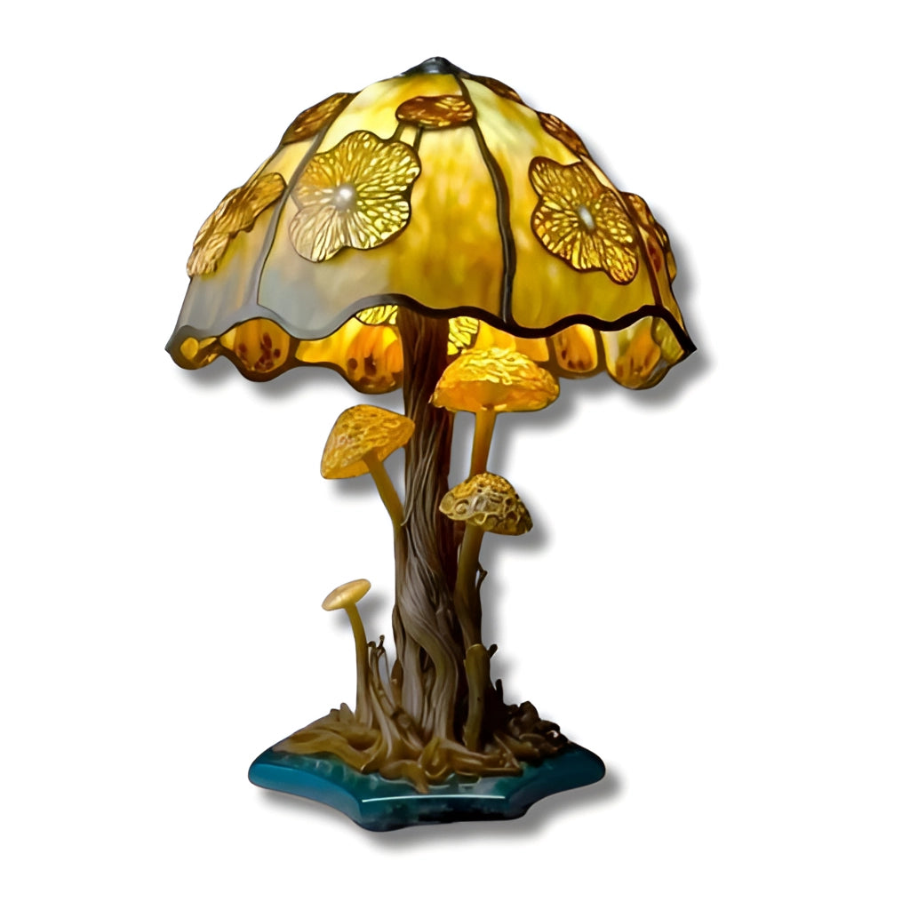 Colorful mushroom-shaped desk light made of decorative stained glass, 12 inches tall, in yellow color with a USB plug, placed on a table.