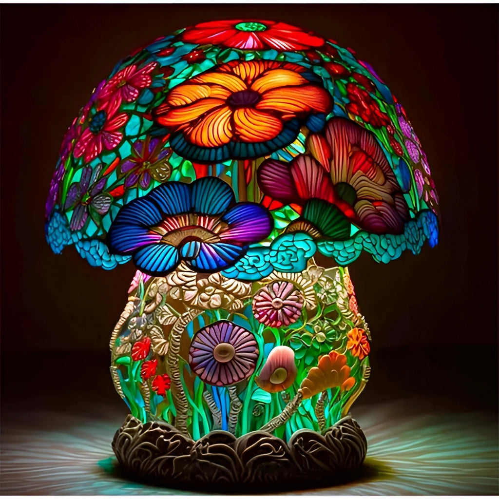 Colorful Mushroom Desk Light - Decorative Stained Glass Table Lamp with vibrant colors and intricate design, resembling a whimsical mushroom.