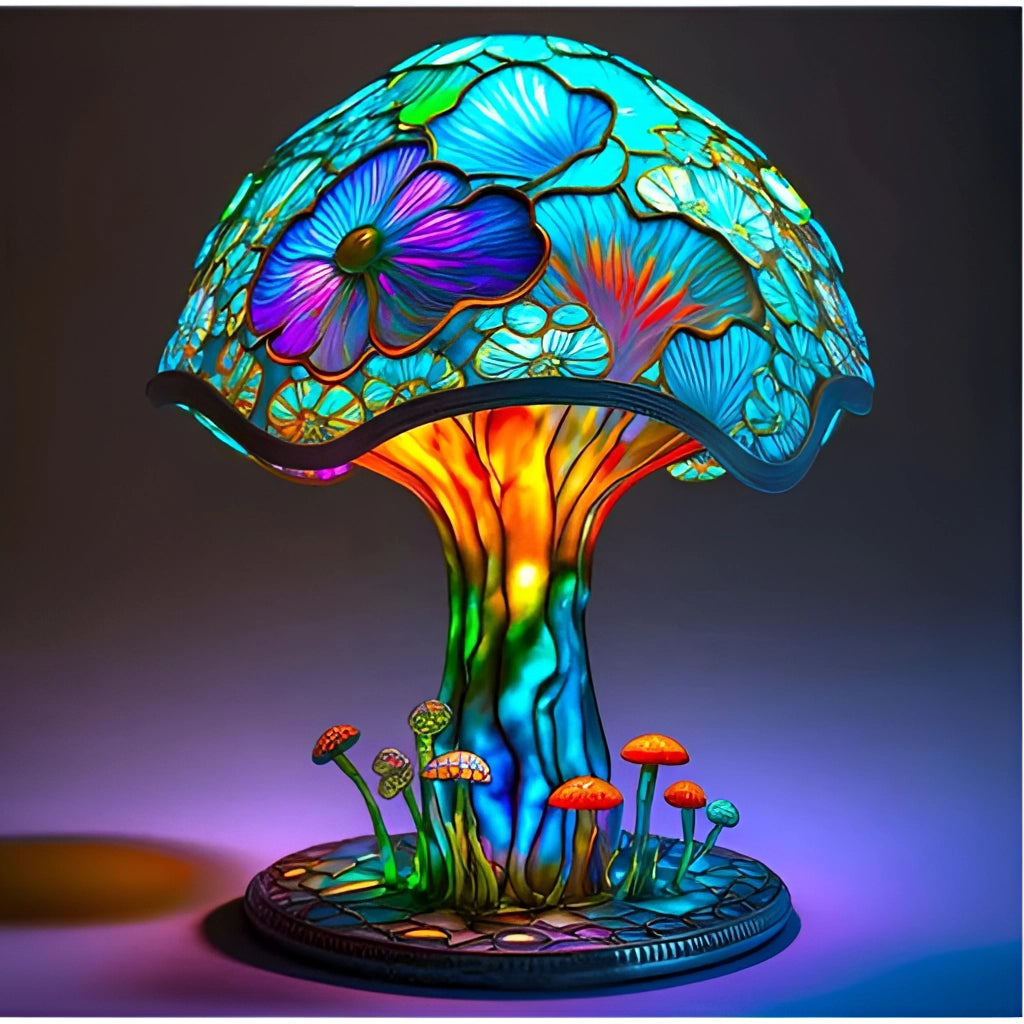 A colorful mushroom-shaped desk light made of decorative stained glass, featuring vibrant shades of green and blue with nature-inspired artistic details.