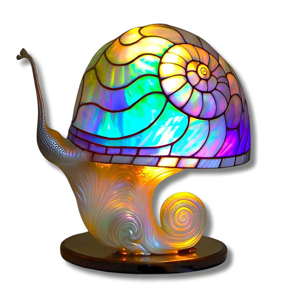 Colorful Mushroom Desk Light - Decorative Stained Glass Table Lamp with a colored snail design, 12 inches, featuring a USB plug.