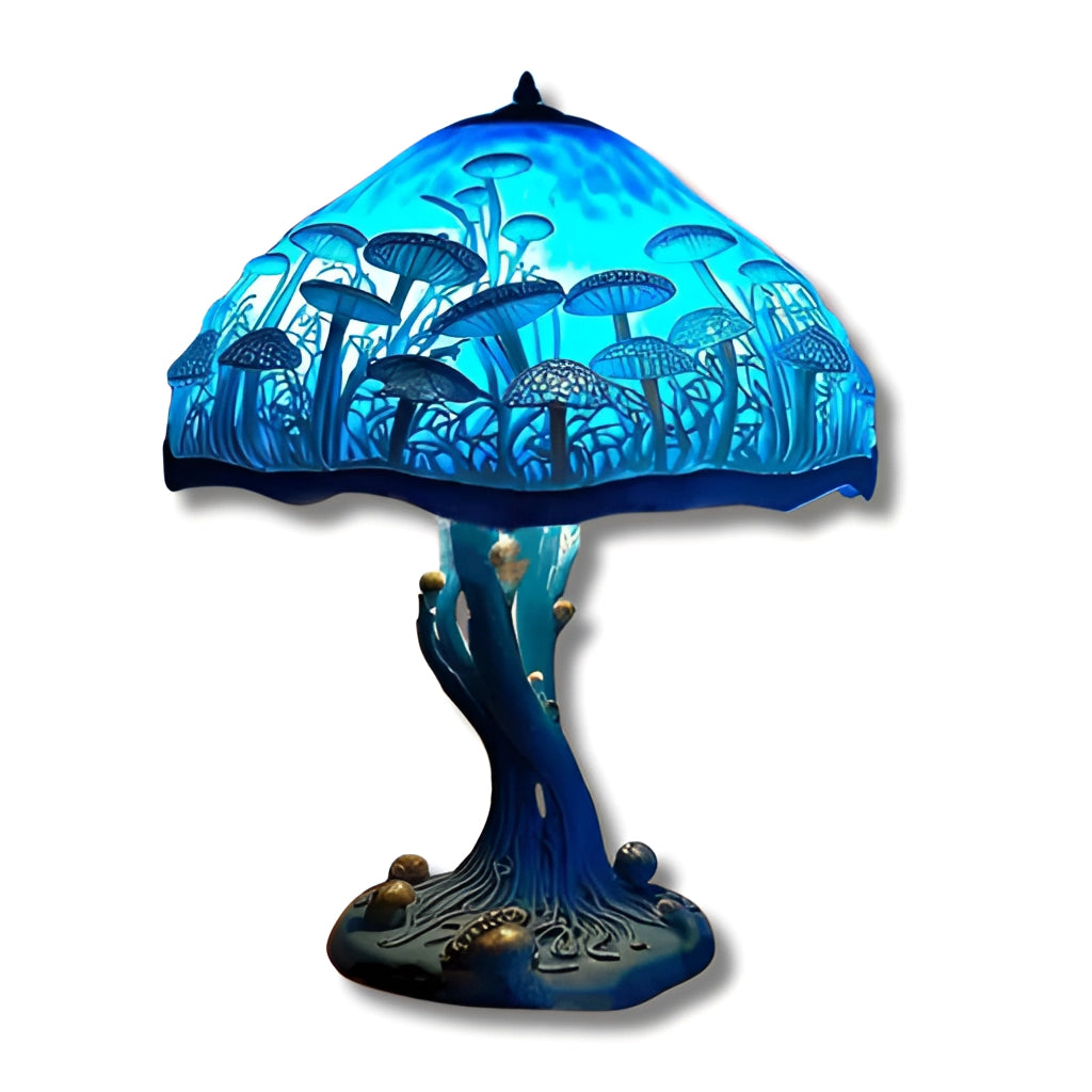 Colorful stained glass desk light in the shape of a blue mushroom, measuring 12 inches, with a USB plug.