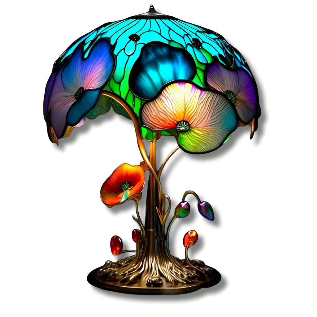 Colorful Mushroom Desk Light - Decorative Stained Glass Table Lamp, Flower Mushroom variant, 12 inches, with USB plug, featuring a vibrant stained glass design in the shape of a mushroom with intricate, colorful patterns resembling flowers.