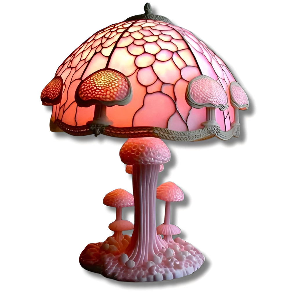 Colorful stained glass table lamp featuring pink mushroom design, standing 12 inches tall with USB plug.