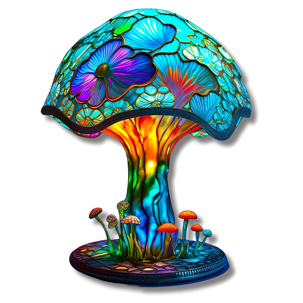 Colorful Mushroom Desk Light - Decorative Stained Glass Table Lamp with Glow Mushroom design, 12 inches tall, USB plug.