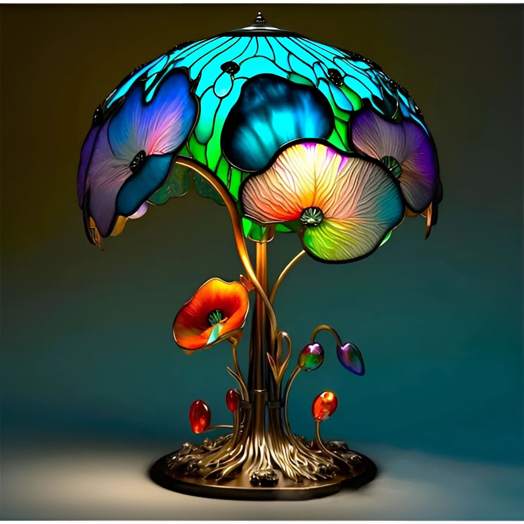 Colorful Mushroom Desk Light - Decorative Stained Glass Table Lamp with vibrant, multicolored glass resembling a mushroom shape, placed on a table, illuminating with a soft electric blue glow.