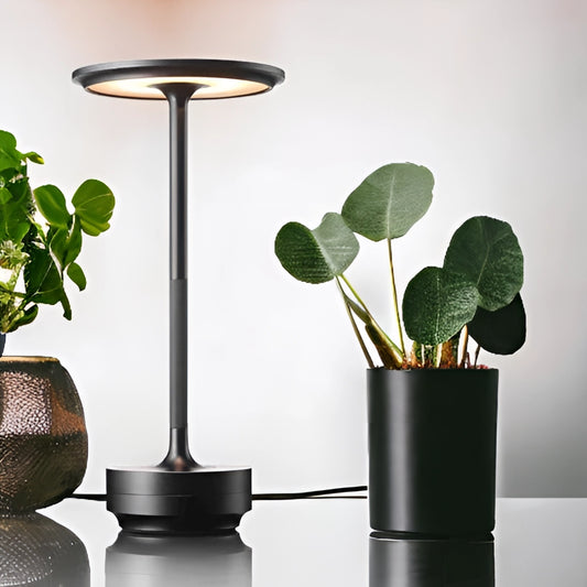 Contemporary LED desk light with touch control and rechargeable battery, placed next to a potted houseplant on a desk.