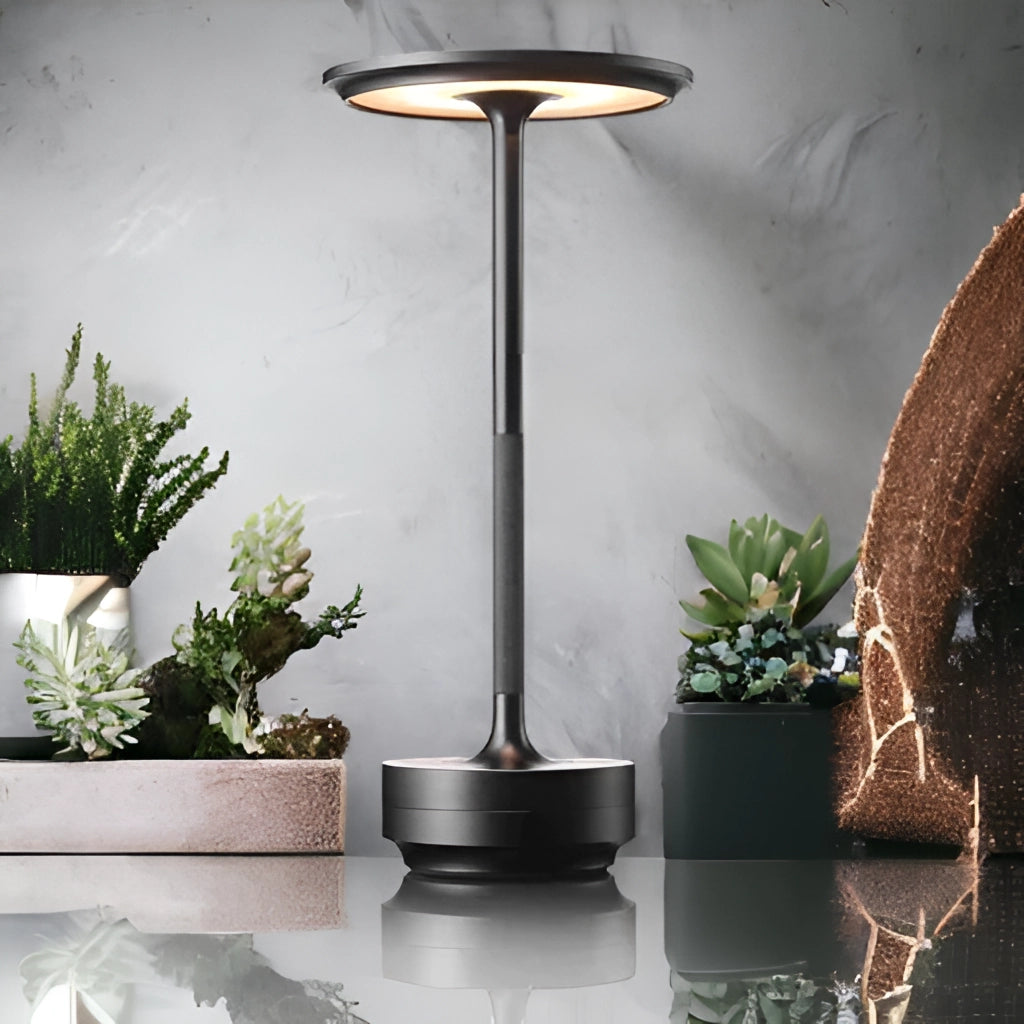 Contemporary LED desk light with touch control, placed on a desk beside a potted houseplant, showcasing its sleek design and ambient lighting in a modern interior setting.