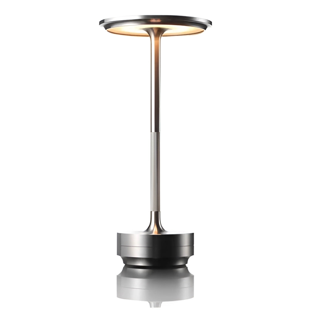 Contemporary LED Desk Light in Silver with touch control, wireless and rechargeable, featuring a sleek cylindrical metal design.