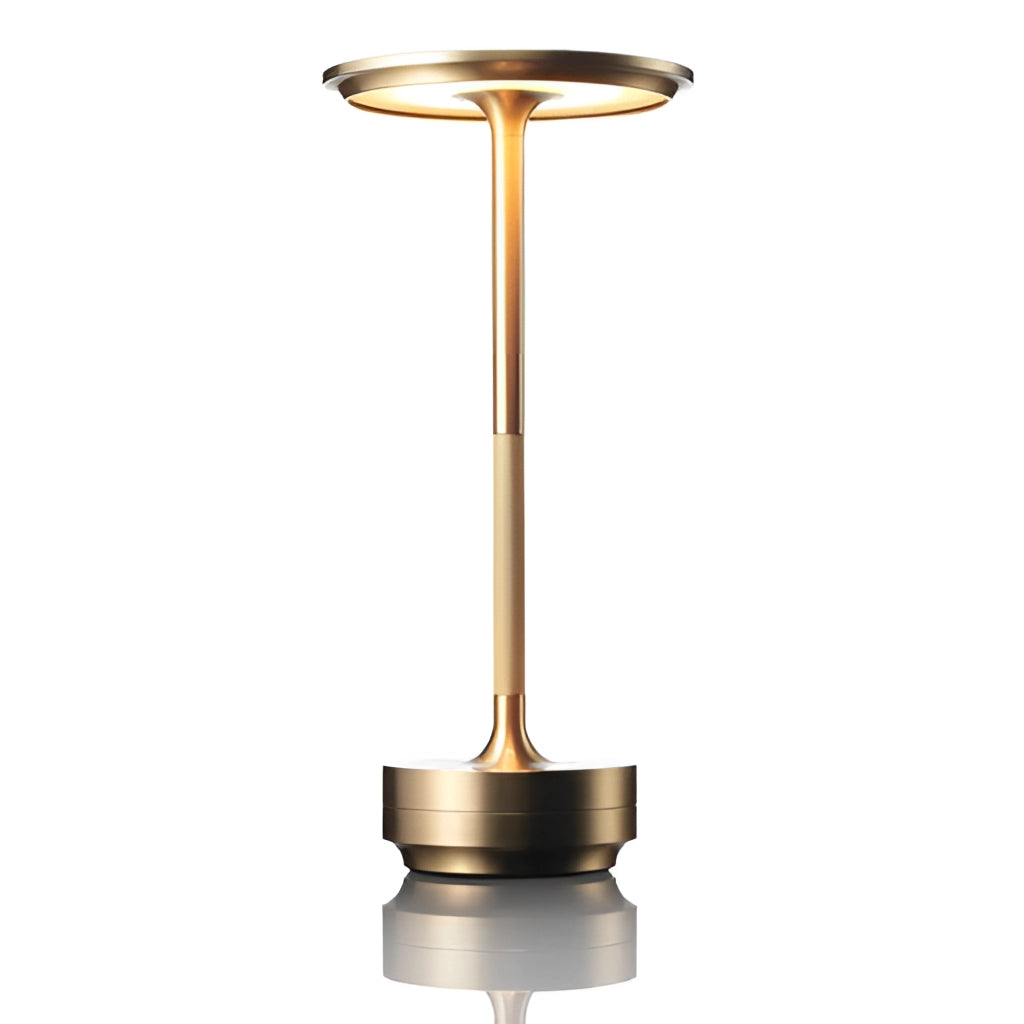 Contemporary LED desk light in gold, featuring a sleek metal design with touch control and rechargeable wireless functionality.