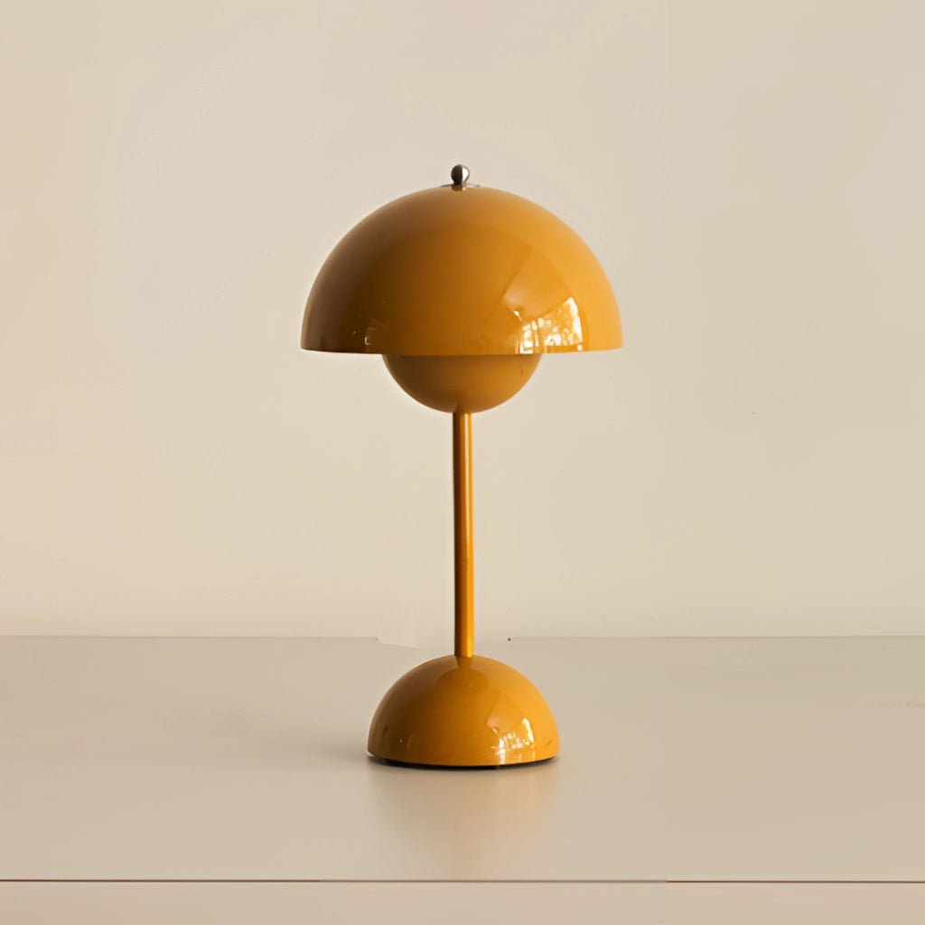 Cordless flowerpot table lamp with touch sensor, featuring a circular wood base and a sleek lampshade, providing long battery life.