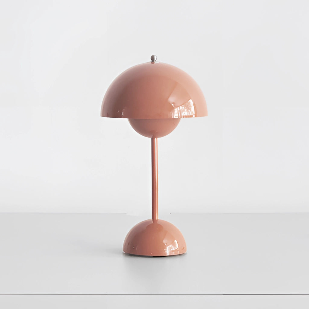 Cordless flowerpot table lamp with touch sensor, featuring a wooden base and peach-colored lampshade.