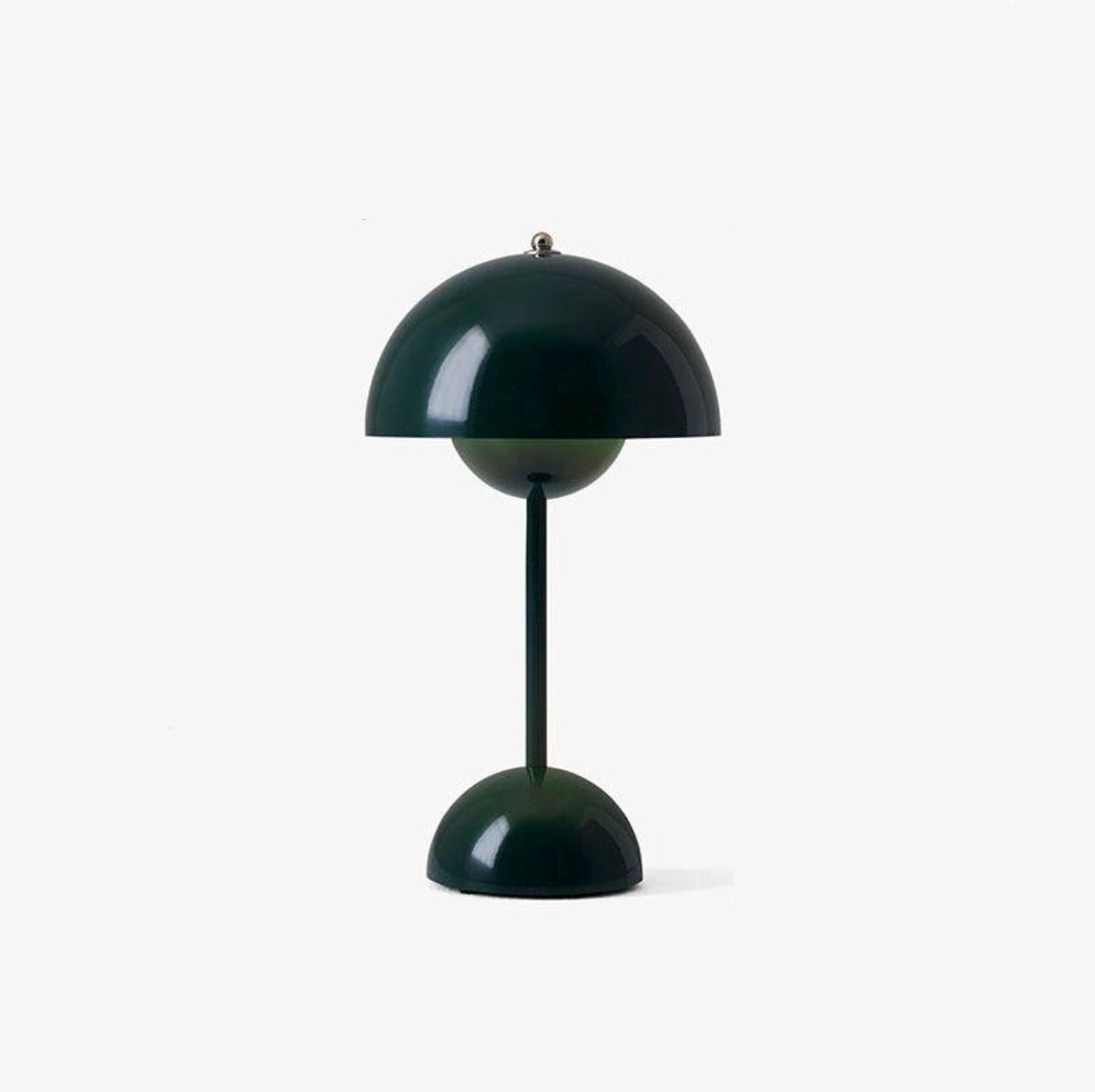 Cordless Flowerpot Table Lamp with Touch Sensor in Evergreen color, placed on a table, emitting soft ambient light, showcasing its sleek circular design and modern aesthetic.