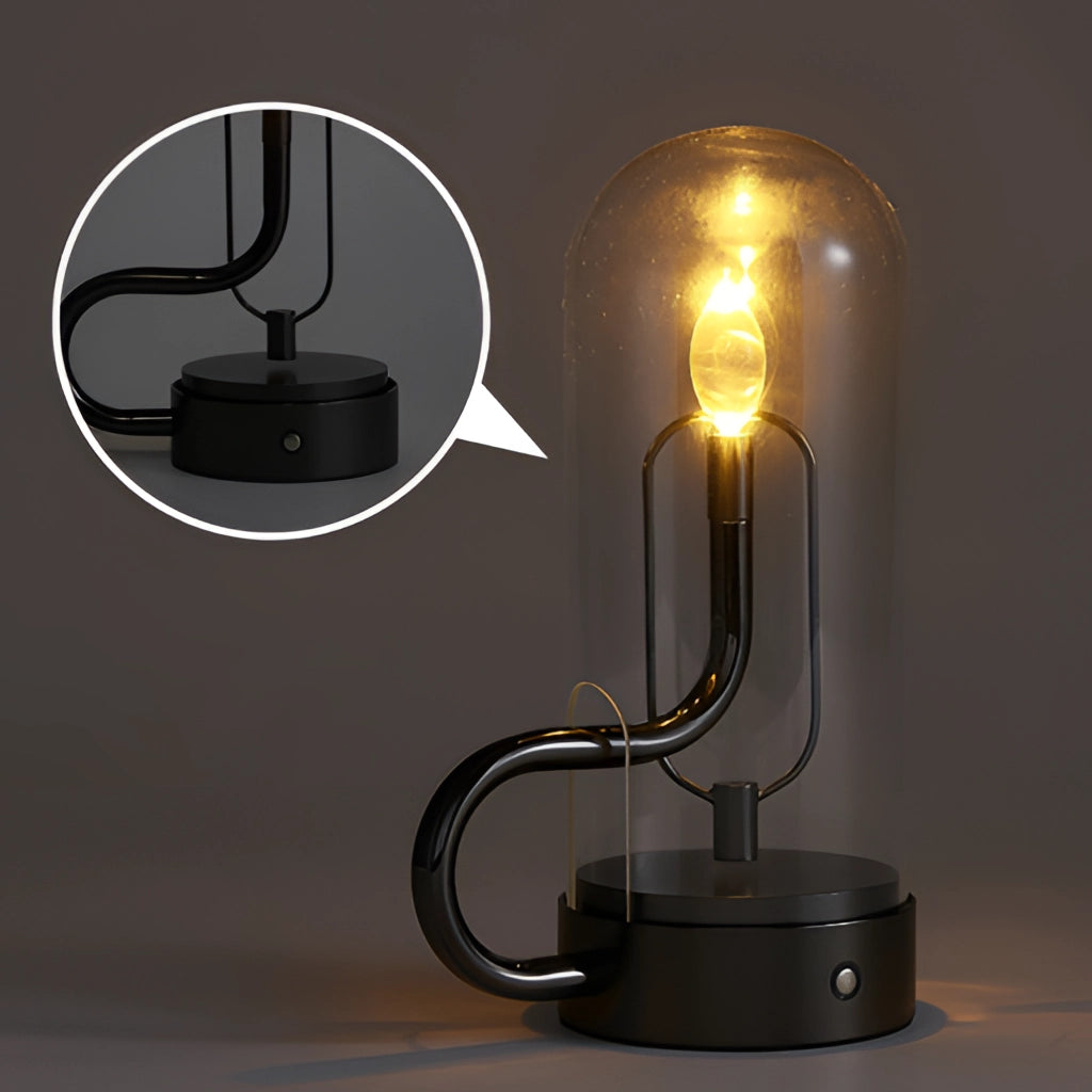Cordless LED table lamp on a wooden table, illuminated with a soft glow, showcasing modern design and effortless wireless charging capability.