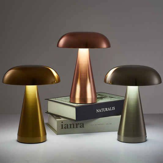 Cordless Mushroom LED Table Lamp with steepless dimming on a wooden table in a modern interior design setting.