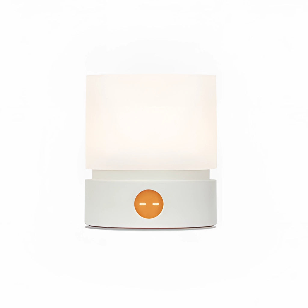 Cordless table lamp in a chalk finish, featuring a rectangular base and adjustable brightness with a long battery life.
