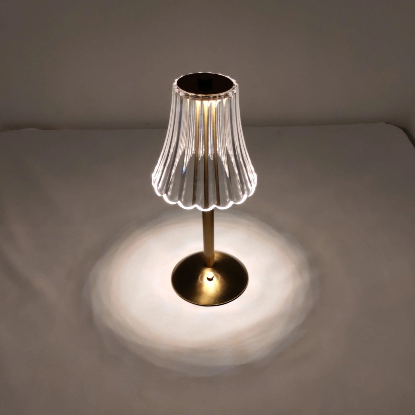 A cordless table lamp with a sleek design and durable build, featuring a circular wooden base and a stylish metal lampshade, placed on a wooden table.
