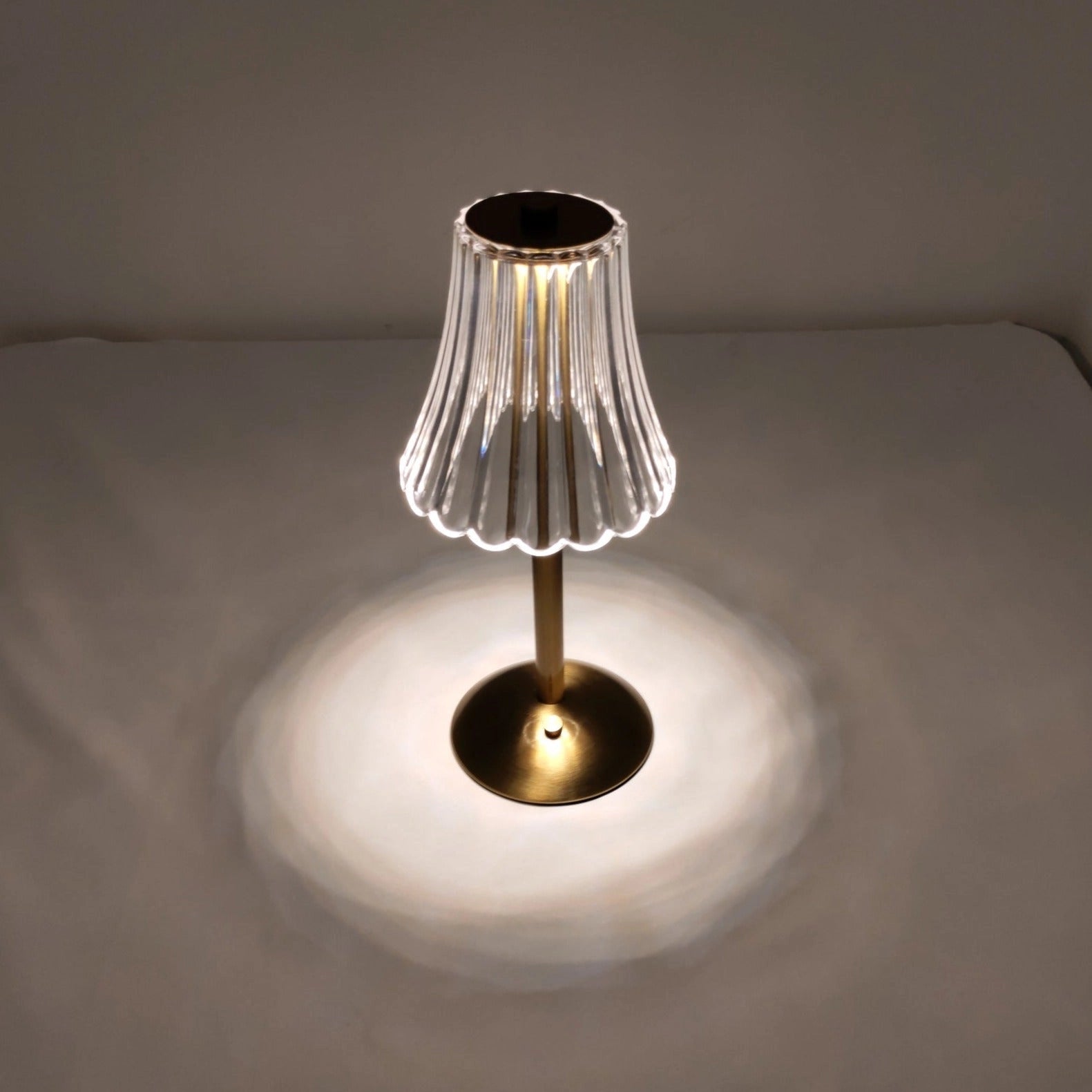 A cordless table lamp with a sleek design and durable build, featuring a circular wooden base and a stylish metal lampshade, placed on a wooden table.