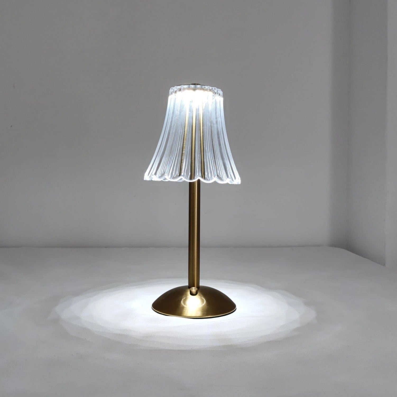 Cordless table lamp with supreme durability and beautiful design, featuring a wooden base and glass shade, elegantly placed on a table with plants and artistic elements in the background.