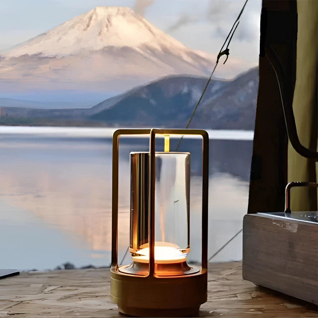 Crystal Lantern Table Lamp with Touch Sensor - Wireless LED Light on a wooden surface with a scenic mountain and lake landscape in the background.