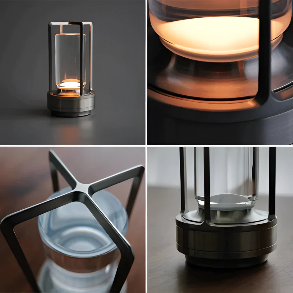 A white crystal lantern table lamp with a touch sensor, featuring a wireless LED light, resembling drinkware and candle holder elements with glass material properties.