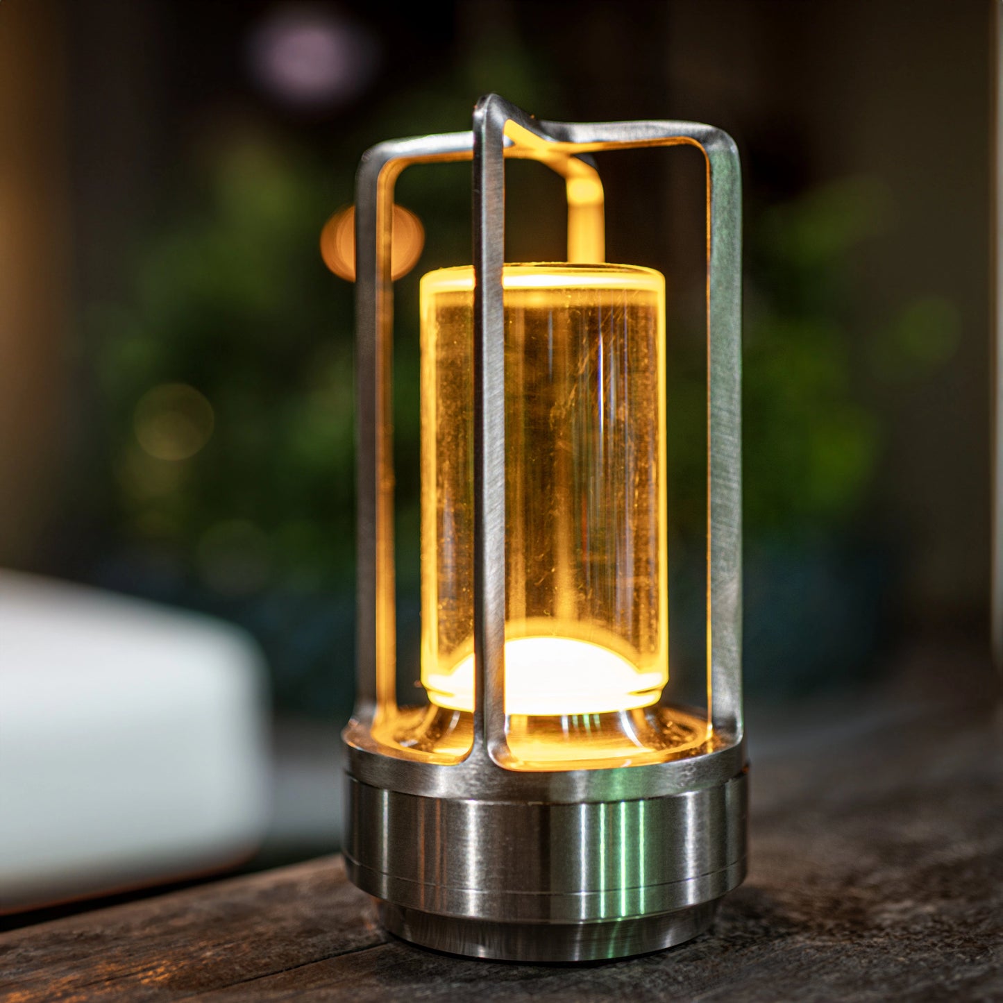 Silver Crystal Lantern Table Lamp with Touch Sensor and Wireless LED Light featuring a glass and metal design.