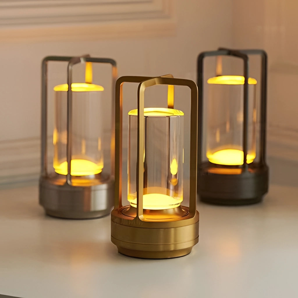 Crystal Lantern Table Lamp with Touch Sensor featuring a rectangular design, metal and glass construction, and wireless LED light.