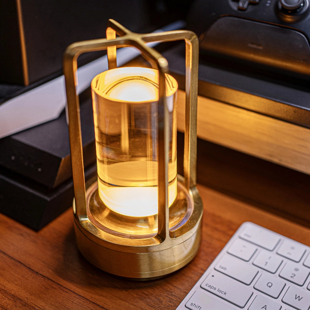 Crystal Lantern Table Lamp with Touch Sensor - Wireless LED Light in Gold finish, placed on a wooden table.