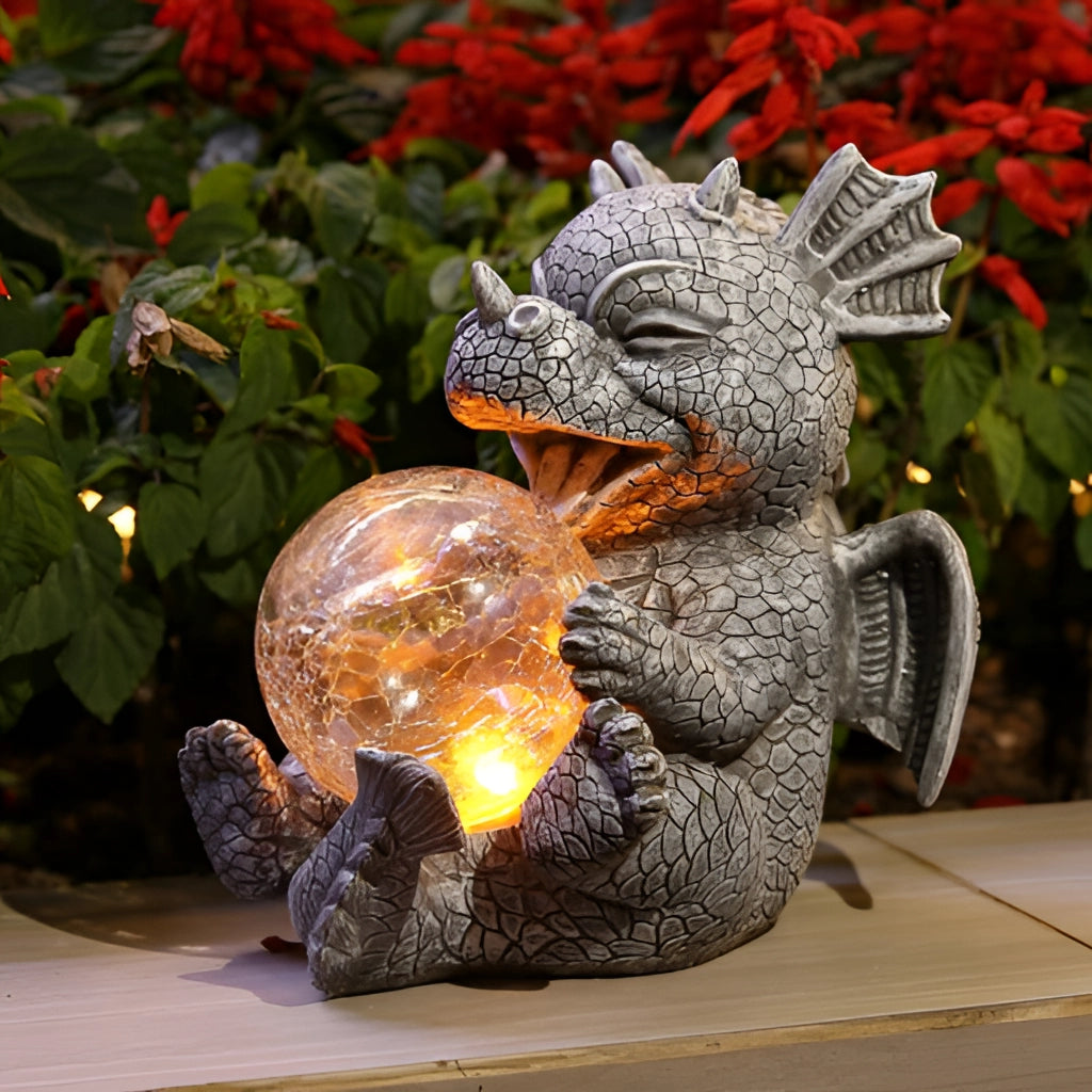 Dragon Shaped LED Table Lamp with intricate sculpture design, resembling a mystical dragon statue, placed on a wooden surface.