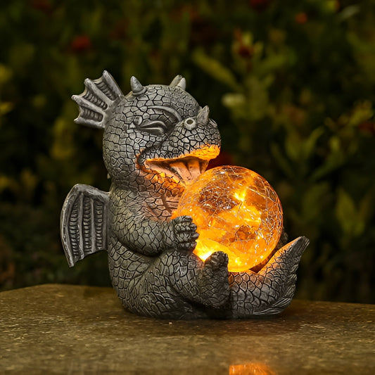 Dragon Shaped LED Table Lamp, intricate dragon sculpture with detailed carving, combining wood and metal elements, illuminated by LED lights.