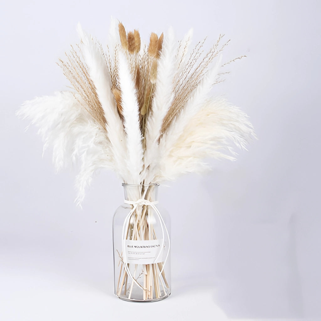 A 30-piece set of dried pampas grass flowers arranged in a decorative manner, suitable for interior decoration, featuring soft, feathery textures and natural twigs.