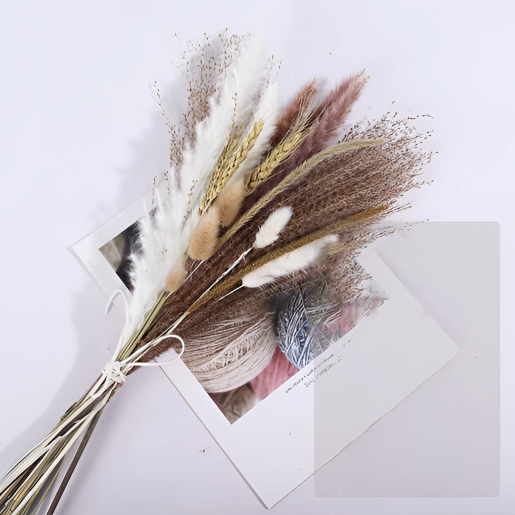 A 30-piece set of dried pampas grass flowers used for interior decoration, featuring natural feathery textures and twig-like stems.