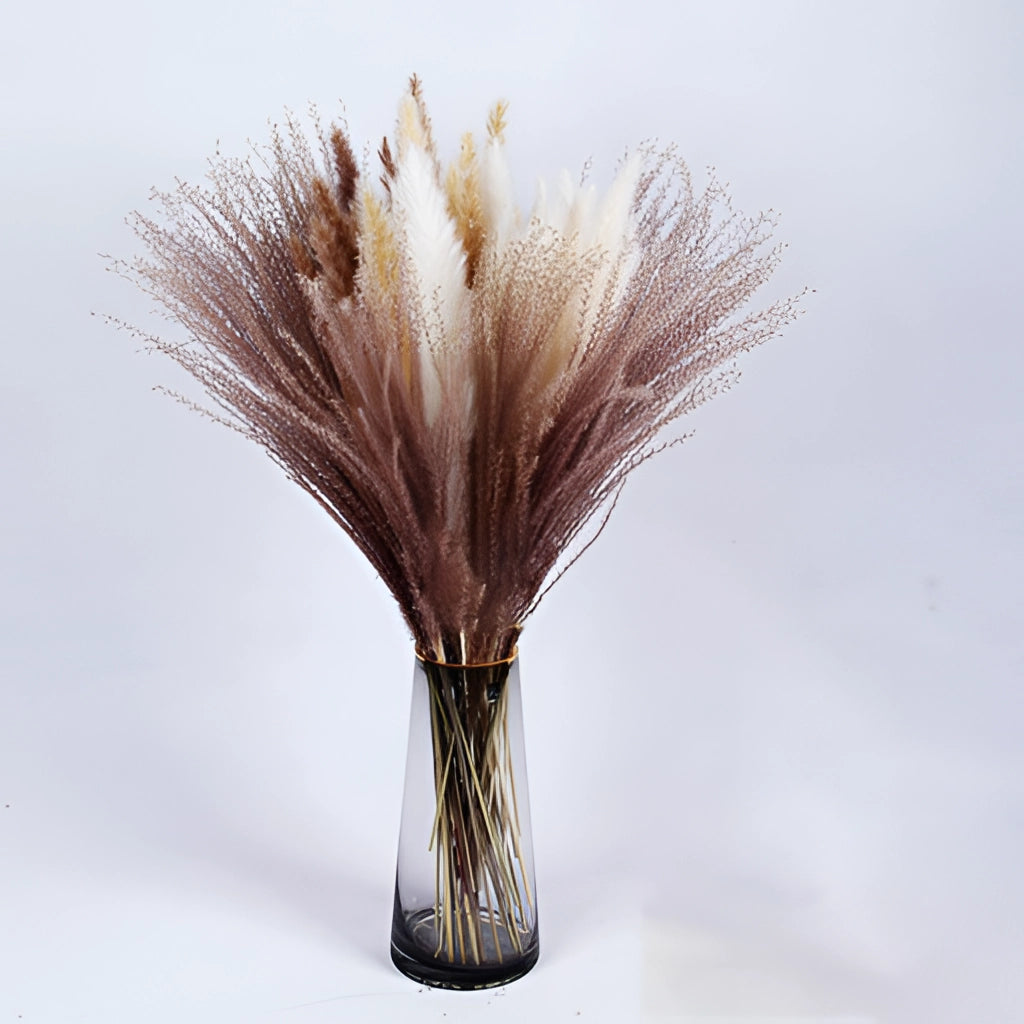 A set of 30 dried pampas grass flowers arranged in a decorative vase, showcasing natural and earthy tones perfect for interior decoration.