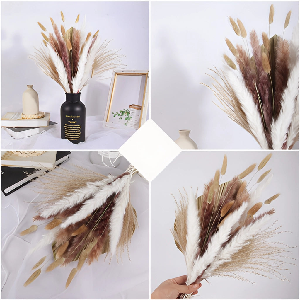 A 30-piece set of dried pampas grass flowers, featuring natural, feathery textures and slender branches, perfect for interior decoration.