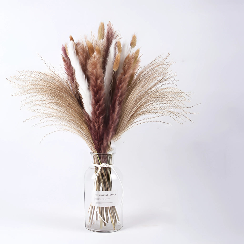 A set of 30 dried pampas grass flowers arranged for interior decoration, featuring natural materials and earthy textures.