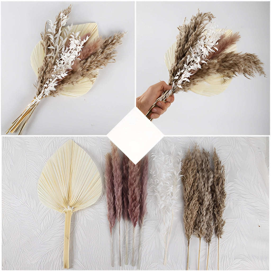A set of 30 dried pampas grass flowers arranged in a vase, ideal for interior decoration. The natural materials and graceful, feathery plumes add a touch of elegance and a rustic charm to any room.