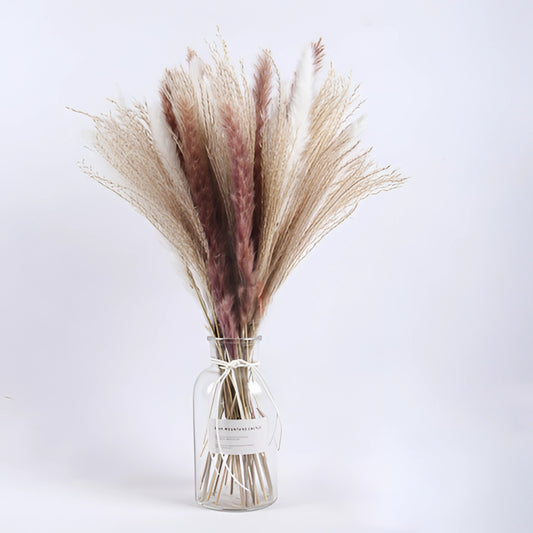 A 30-piece set of dried pampas grass flowers in various shades arranged in a decorative vase, perfect for interior decoration.
