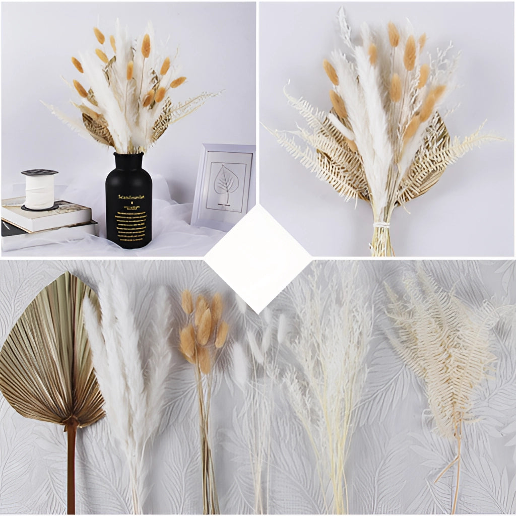 A 30-piece set of dried pampas grass flowers in white, beige, and yellow tones, arranged for interior decoration.