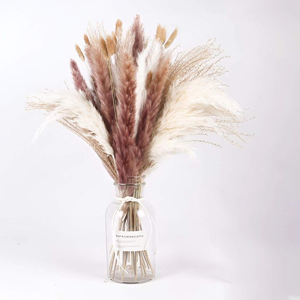 A set of 30 dried pampas grass flowers arranged in a vase, showcasing natural materials with delicate feathery textures, perfect for interior decoration.