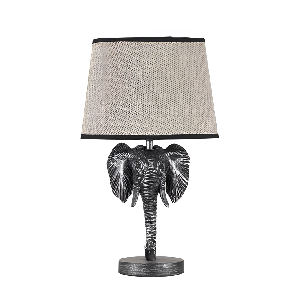 Elephant design lamp with a rechargeable battery featuring a patterned lampshade.