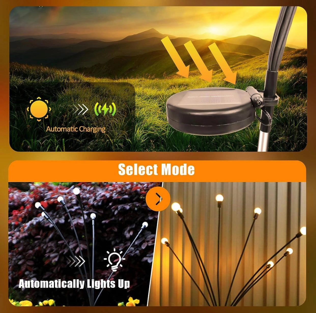 Enhanced Solar Powered 8 LED Lights Quad Pack illuminating a grassy natural landscape with warm yellow light.
