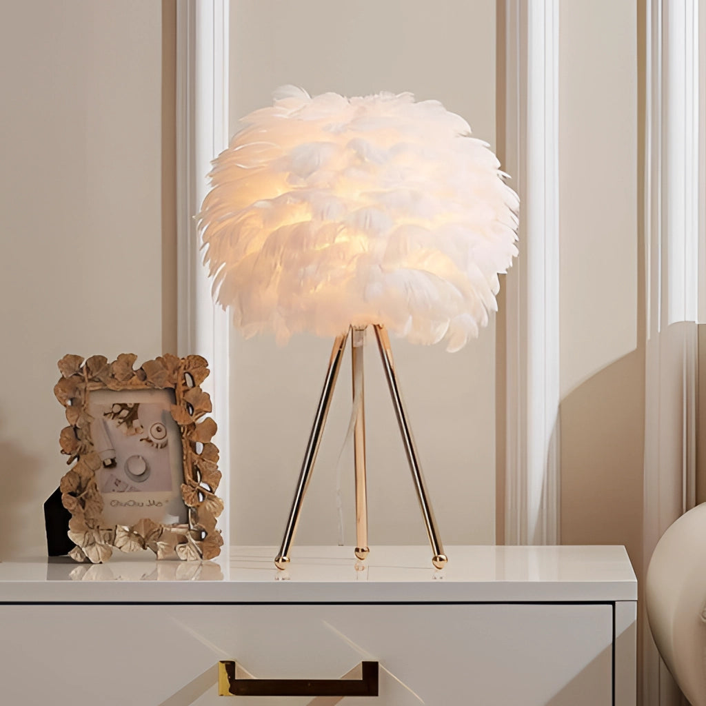 Feather LED table lamp with dimmable lighting, wooden base, and artistic twig design, suitable for interior design and natural decor.