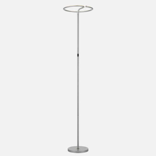 Energy efficient floor lamp with LED touch dimmer, featuring a sleek metal uplighter design and modern symmetry.