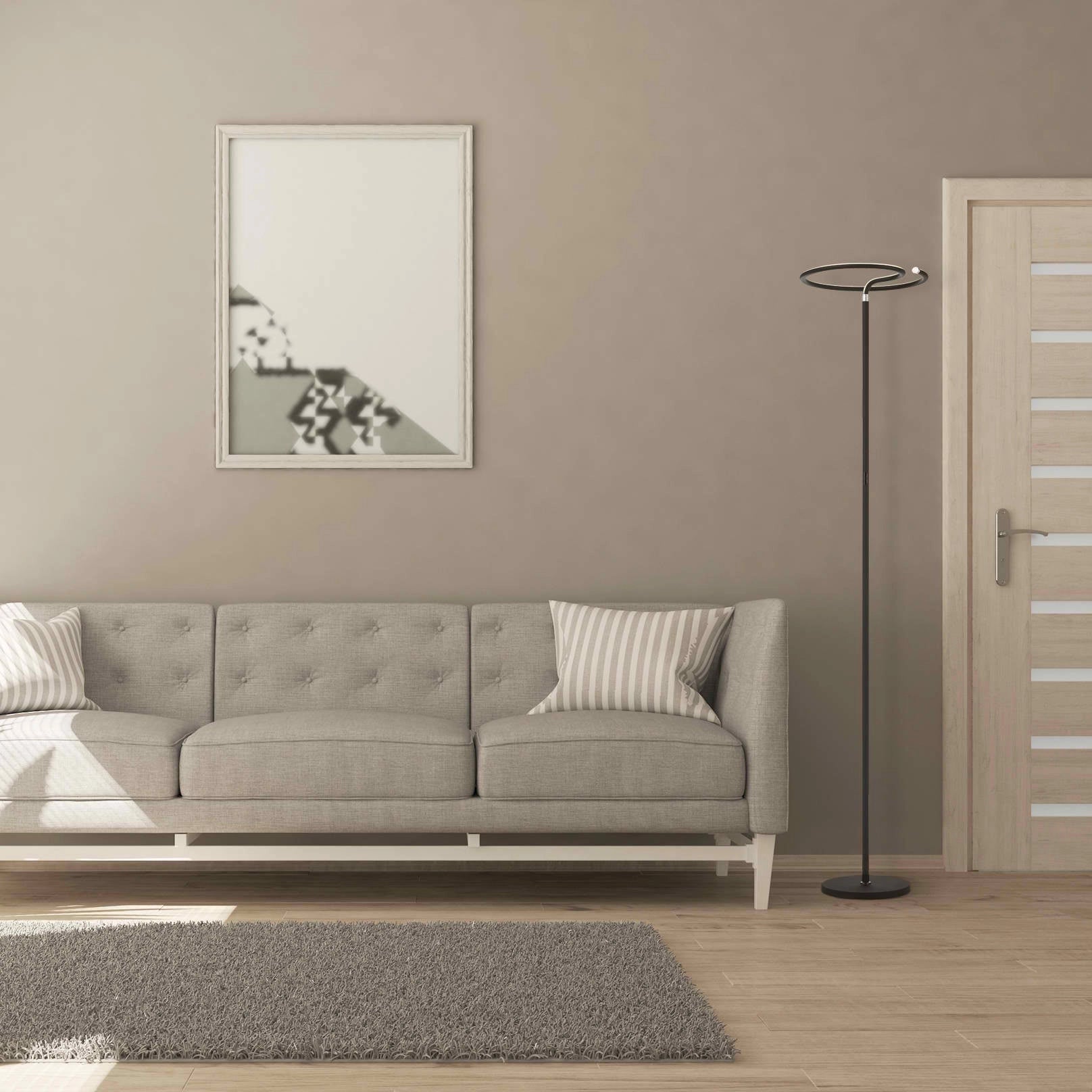 LED floor lamp with touch switch dimmer, child-safe sturdy design, placed in a modern living room with grey walls, wooden flooring, and minimal furniture.