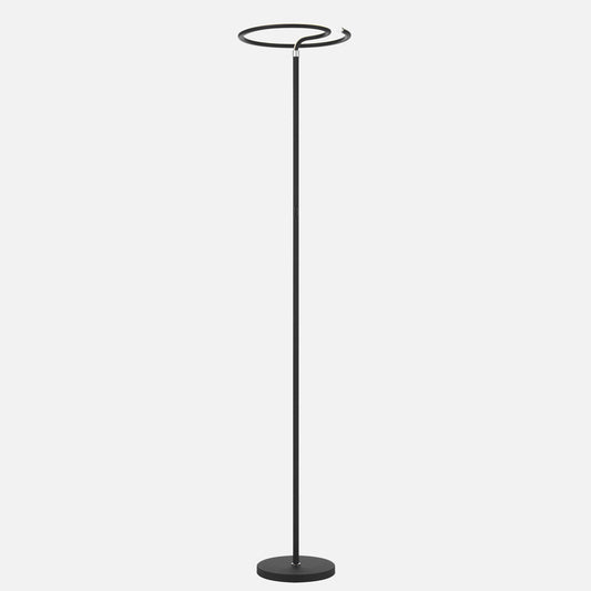 A modern floor lamp with an LED touch switch dimmer, featuring a child-safe sturdy design, standing in a home setting.