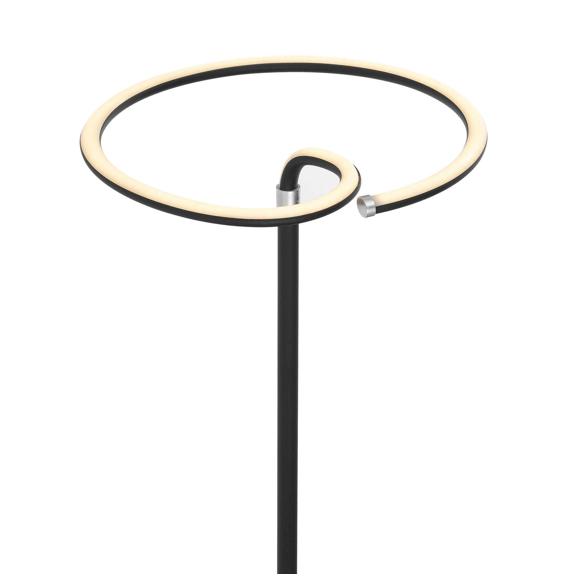 Modern floor lamp with LED touch switch dimmer, featuring a child-safe and sturdy design, standing next to a table with various items including drinkware and a fashion accessory.