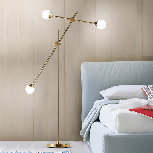 A white floor lamp with a rotative adjustment feature, plug-in installation, wooden accents, and a rectangular shade, placed in a modern interior design setting.