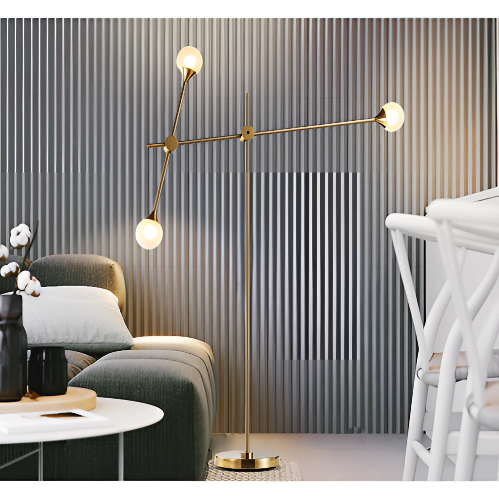 Floor lamp with rotative adjustment and plug-in installation, featuring a wooden base and yellow lampshade, placed on a wooden floor next to a wall.
