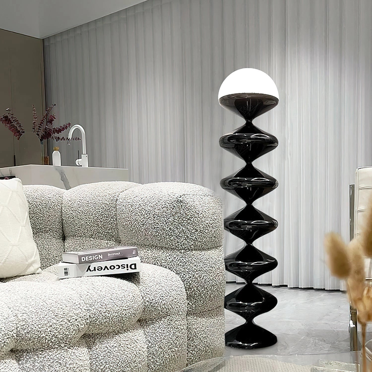 Modern elegant floor lamp with twisted gourd design in a cozy living room setting, featuring wooden furniture and stylish interior decor.