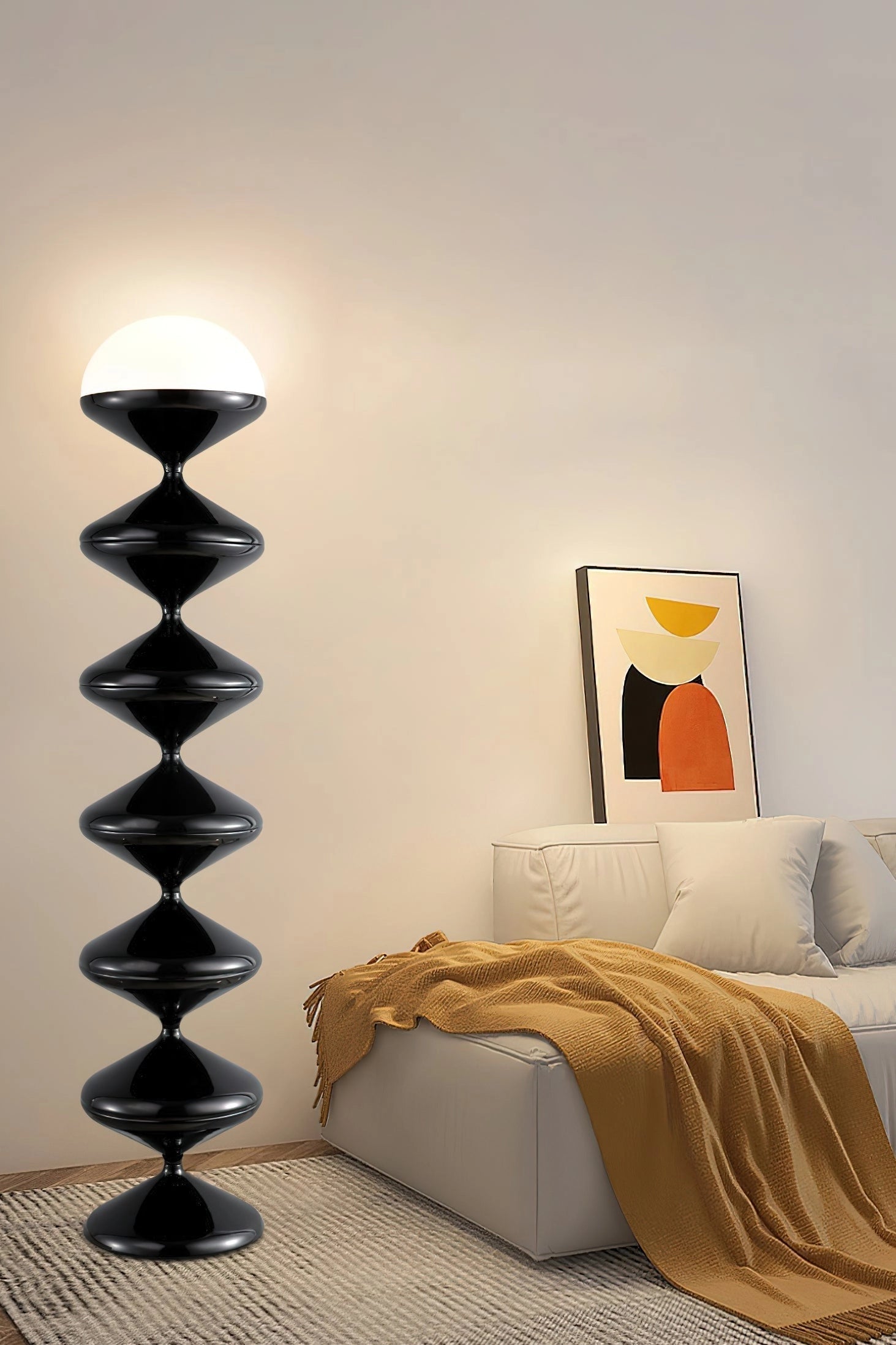 Modern elegant floor lamp with a twisted gourd design, featuring a wooden base, illuminating a stylish interior space.