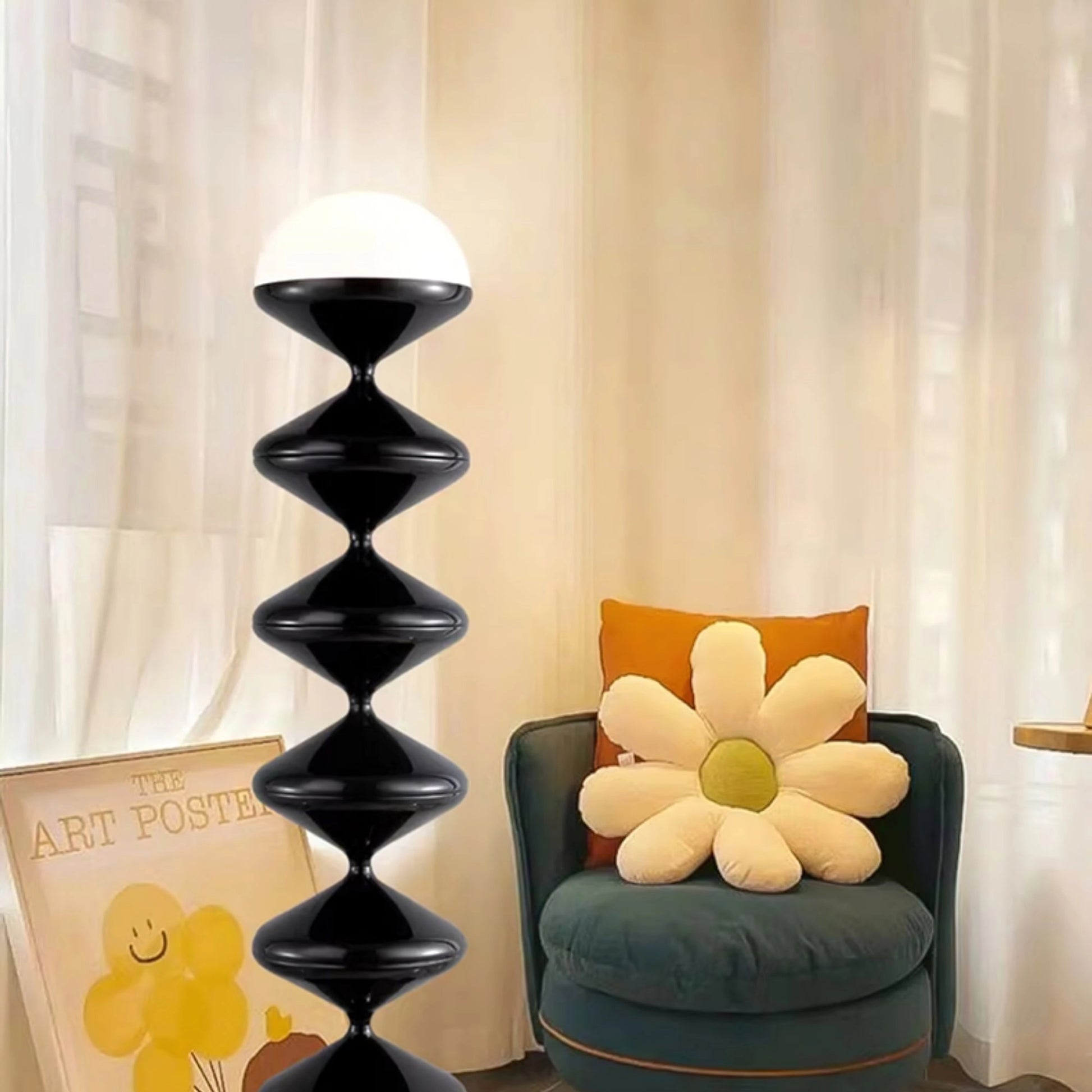 Modern elegant floor lamp with twisted gourd design in a cozy living room with wooden flooring and shelving.